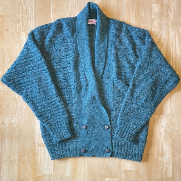 Vintage 80s Wool Blend Knit Double Breasted Shawl Collar Cardigan - Teal - Picture 1 of 13